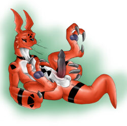 2005 animal_genitalia anus balls bandai_namco claws digimon digimon_(species) erection eyes_closed fellatio genital_slit genitals guilmon legs_up male narse nude oral penile penis reclining sex smile solo