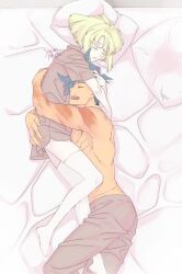 1femboy 2boys after_sex androgynous arms_around_head blonde_hair bob_cut bottomless cuddling cum cum_drip femboy galo_thymos gay hug lio_fotia male on_bed petite petite_body petite_male promare short_hair size_difference slim slim_male slim_waist stockings thighhighs twink white_legwear white_stockings white_thighhighs wholesome yaoi