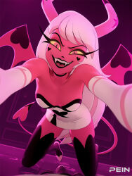 1girls ai_generated bare_shoulders black_thighhighs breasts colored_sclera colored_skin demon demon_girl demon_horns demon_tail demon_wings dress elbow_gloves facial_mark fangs gloves heart helluva_boss horns long_hair looking_at_viewer medium_breasts open_mouth pein pink_horns pink_skin pov smile solo stable_diffusion strapless strapless_dress tail teeth thighhighs verosika_mayday_(helluva_boss) white_gloves white_hair wings