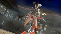 3d ashe_(overwatch) boots cleavage cowboy_hat dynamite exposed_nipples legs_apart overwatch panties torn_clothes wackation