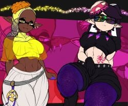 2girls black_hair callie_(splatoon) chocolate_and_vanilla clothing dark-skinned_female dark_skin female female_focus female_only frye_(splatoon) gloves humanoid humanoid_female humanoid_pointy_ears kwalker1009 light-skinned_female light_skin looking_at_viewer midriff nintendo octo_callie pointy_ears splatoon splatoon_(series) splatoon_2 splatoon_2:_octo_canyon splatoon_3 tentacle_hair thick_thighs yellow_hair