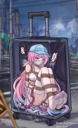 1girl absurdres arms_behind_back bare_shoulders baseball_cap bdsm blue_hair blue_hat blurry blurry_background blurry_foreground bondage bound bound_arms bound_legs breasts commentary_request crop_top crying crying_with_eyes_open cyrene_(anta)_(honkai:_star_rail) cyrene_(demiurge)_(honkai:_star_rail) cyrene_(honkai:_star_rail) dated facing_viewer foot_fetish gag gradient_hair hat heart highres honkai:_star_rail honkai_(series) in_container large_breasts long_hair multicolored_hair nero_augustus no_shoes official_alternate_costume outdoors panties pink_hair pink_sports_bra purple_eyes pussy_juice pussy_juice_puddle red_pupils restrained road rolling_suitcase sex_toy shibari sitting skirt speech_bubble spoken_heart sports_bra street suitcase sweat tears thighhighs trembling twitter_username underwear very_long_hair vibrator white_panties white_skirt white_thighhighs x-ray