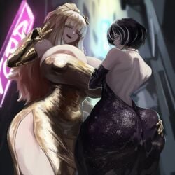 2girls ai_generated areolae bareback black_dress black_hair blonde_female blonde_hair child_bearing_hips cinderhee collar crossed_arms distortion_detective dress ezra_(distortion_detective) fancy_clothing fancy_dress female female_only from_below_view gloved_hands gloves golden golden_dress grabbing_ass grey_eyes hag hair_ornament hairpin hand_on_ass hips hips_wider_than_shoulders long_hair looking_at_viewer looking_back looking_back_at_viewer moses_(distortion_detective) multicolored_hair neon_lights nipple_bulge nipples outdoors outside pale-skinned_female pale_skin peace_sign ponytail project_moon red_eyes short_hair signs smile smiling_at_viewer sparkle sparkles sparkly_dress star star_hair_ornament street tagme tall_female v very_long_hair white_hair wide_hips wide_thighs