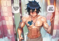 speech_bubble towel water black_hair towel_only arm_tattoo male_focus hair solo human_focus necklace blush 1boy english_text pectorals hair_between_eyes wet male text thought_bubble chest_tattoo pecs dialogue tattoo nipples open_mouth steam muscular_male shower jewelry abs muscular_anthro navel short_hair muscular ai_generated amadeus_v comic netorare ntr cheating lucy_heartfilia gray_fullbuster fairy_tail