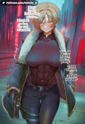 b34sty_0 patreon ai_generated watermark leon_scott_kennedy capcom resident_evil resident_evil_9:_requiem hair eyes blonde_hair short_hair blue_eyes muscular muscular_female breasts boobs tits big_breasts large_breasts big_tits big_titties large_tits large_titties big_boobs big_boobies large_boobs large_boobies abs standing walking blush looking_down holding_object holding_gun closed_mouth shirt t-shirt black_shirt black_t-shirt compression_shirt coat black_coat fur jeans black_jeans belt black_belt gloves black_gloves 1girl 1girls street rain raining outdoors genderswap genderswap_(mtf) rule_63 rule63