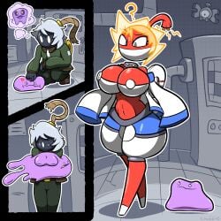 alternate_version_at_source big_ditt_(chabble) bob-omb bomb_girl chabble comic ditto electrical_hair electricity gift_art jacket machine machinery magnemite mario_(series) mtf_transformation pokeball pokemon pokemon_(species) pokemon_transformation puffy_pants species_transformation super_mario_bros. tranformation voltorb white_nipples wire