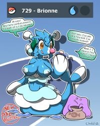 after_transformation amber_eyes anthro bag big_ditt_(chabble) blue_body blue_hair brionne burnet_(pokemon) candy chabble ditto human_to_pokemon licking_lips no_legs pokemon pokemon_(species) pokemon_transformation post-transformation rare_candy round_nose skirt tail_fin transformation white_nipples