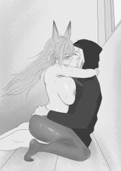 savage_(arknights) doctor_(arknights) arknights 1girls female light_skin light-skinned_female 1boy sex straight male light-skinned_male greyscale highres long_hair partially_clothed kissing kissing_while_penetrated kiss closed_eyes blush kemonomimi animal_ears passionate passionate_sex passionate_kiss wholesome big_breasts large_breasts huge_breasts breasts nipples areolae breasts_pressed_against_partner hugging hugging_partner kissing_while_hugging making_out sweat arms armpit_peek sweating sweaty sweatdrop pantyhose legwear legwear_only thighs legs feet sitting sitting_on_person sitting_on_lap sitting_sex hands_on_another's_hips eyelashes arched_back acetaminophen