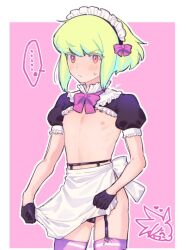 androgynous crossdressing embarrassed femboy galo_thymos lio_fotia maid maid_apron maid_headdress male promare stockings twink yaoi 1boy 1femboy solo femboy_only blush blushing male_maid nipples bob_cut short_hair nervous nervous_sweat shy feminine_male sweat sweating slim_waist slim slim_male petite petite_body petite_male