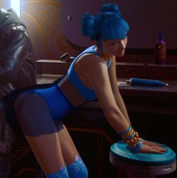 1girls 2022 3d 3dcg blue_bikini blue_bra blue_hair_female blue_moon_(cyberpunk_2077) cat_stockings cyberpunk_(series) cyberpunk_2077 dyed_hair femsub game_cg happy_female highres leaning_forward mature_woman miniskirt official_art see-through_skirt short_hair_female short_skirt skirt source_request tagme thighhighs tomboyish turqsamurai unbothered