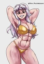 shin_muchakoopa original_character oc female female_only 1girls bikini golden_bikini golden_week muscular muscular_female arms_behind_head brown_eyes white_hair viewer_pov smile smiling_at_viewer breasts big_breasts boobs thick_thighs armpits pose
