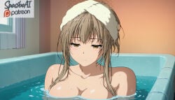 1girls ai_generated amagi_brilliant_park bath bathing bathroom bathtub blush breasts brown_eyes brown_hair cleavage collarbone completely_nude curtains expressionless female female_only indoors large_breasts long_hair nude partially_submerged sento_isuzu solo spasibo15 towel towel_on_head upper_body water wet wet_hair window