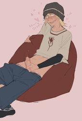 1boy 6teen bean_bag beanie beating_off blonde_hair clothing erection flat_colors jacking_off jude_lizowski lacryboy male male_only masturbation melanpsycholia penis penis_out sitting sketch solo