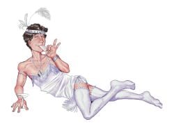 1boy barefoot bradley_(mr_shrink) brown_hair calendar_(medium) cold digital_drawing_(artwork) digital_media_(artwork) dress drinking dumb_male enjoying feather_hair_ornament feathers feet_in_stockings flapper_dress fringe garter_straps happy happy_male headband intellectual_disability laying_down laying_on_side learning_disability lounging male male_only martini martini_glass mental_disability mentally_deficient mr_shrink muscular necklace no_visible_genitalia oblivious oc original original_character peacock_feather png popsicle popsicle_in_mouth popsicle_stick scantily_clad semi_realistic semirealistic silk_clothing silk_dress sitting skinny skinny_male stockings strap_slip stupid suggestive tassel thighhighs transparent_background transparent_png white_clothing