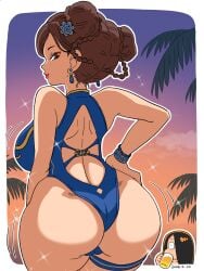 1girls 2026 ass big_breasts bracelet bracelets breasts brown_eyes brown_hair capcom chun-li chun-li_(street_fighter_6) dat_ass earrings female female_only hair_buns hand_on_hip ketsumoa large_breasts looking_at_viewer looking_back looking_back_at_viewer mature_female rear_view red_lipstick smiling smiling_at_viewer solo street_fighter street_fighter_6 swimsuit thick_ass thick_thighs thigh_strap twin_buns wide_hips