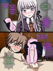 1boy 1girls black_gloves blackmail clothed_female_nude_male color comic crying cum cum_in_fleshlight danganronpa english_text femdom femdom_caption fleshlight gloved_handjob gloves handjob handjob_w/sex_toy humiliation instant_loss_2koma kirigiri_kyouko light-skinned_female light-skinned_male light_skin malesub naegi_makoto onahole only_one_naked penis post_orgasm_torture small_penis small_penis_adoration small_penis_humiliation straight_hair testicles text text_focus zreploids