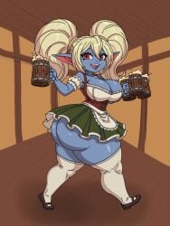 1girls ass bar beer_mug blonde_hair blue_skin fang full_body huge_ass large_breasts league_of_legends open_mouth pointy_ears red_eyes reddraws smile thighhighs twintails waitress walking yordle