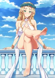 1girls balcony barefoot celestine_lucross celestine_lucullus crossed_legs elf feet female green_eyes kuroinu_~kedakaki_seijo_wa_hakudaku_ni_somaru~ legs long_legs pov ruby_suguri sky smile soles