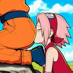 1boy 1girls ai_generated closed_eyes clothed clothed_female clothed_male eyes_closed face_in_ass face_in_butt face_out_of_frame female headband kissing_ass kissing_butt light-skinned_female light-skinned_male light_skin male naruto_shippuden ninja_headband novelai on_knees outdoors outside pink_hair pink_hair_female sakura_haruno short_hair short_pink_hair side_view uzumaki_naruto