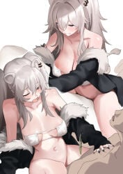 1boy 1girl animal_ear_piercing animal_ears arou_(arrow_x666) black_jacket bottomless bra breasts commentary covered_nipples double-parted_bangs fur-trimmed_jacket fur_trim grey_eyes grey_hair hair_between_eyes hetero highres hololive jacket jacket_partially_removed large_breasts lion_ears lion_girl lion_tail long_hair long_sidelocks multiple_views navel one_eye_closed paid_reward_available sex shishiro_botan sidelocks simple_background stomach strapless strapless_bra tail two_side_up underwear virtual_youtuber white_background white_bra