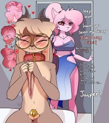 absurd_res anthro balls blush bovid brown_body brown_fur canid canine caprine chastity_cage chastity_device chastity_key clothed clothing collar cuckold dress duo english_text eyewear female fox fur genitals glasses hair heart_symbol hi_res imagination jasper_(ntr_throwaway) leaking_penis male mammal naomi_(ntr_throwaway) nipple_slip no_underwear penis pink_body pink_fur pink_hair ponytail privvys-art red_eyes skimpy skimpy_underwear small_balls small_penis tan_body tan_fur text topwear tube_top
