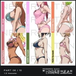 6girls big_breasts black_hair bleach bleach:_the_thousand-year_blood_war blonde_hair breast_chart breasts brown_hair chart dokugamine_riruka female female_only green_hair huge_breasts inoue_orihime kuna_mashiro kurosaki_karin kurosaki_yuzu leopard_print light_skin lingerie lingerie_only long_sleeves medium_breasts nekoranten red_hair riruka_dokugamine small_breasts tanned_skin text underwear underwear_only yayahara_yuyu