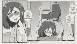 1boy 1girls abuse blush clothed_female_nude_male clothing crawling cruelty depressing disability english_text female greyscale male masochism monochrome open_mouth original paralysis sad speech_bubble sweat sweatdrop text tyronestash veggie-chan_(tyrone) wheelchair