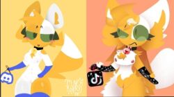 mika_kit kit_community original_characters munchykirby1 twins 2girls simple_background yellow_background light_red_backgroung discord_logo discord tiktok tiktok_logo orange_body anthro gloves looking_at_another vagina breasts small_nipples cat_ears fox_tail tagme edit edited digital_drawing_(artwork)
