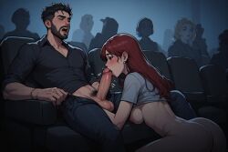 ai_generated elyddy 1girl1boy 1boy1girl red_hair redhead redhead_female hard_cock blowjob cinema porn_movie watching_porn breasts breasts_out tits_out public public_blowjob public_sex sexy_female sexy_male dark_room big_cock couple crowd_background watching shirt_lift shirt_up pants_open cock_out cock_out_of_pants date date_night