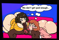1boy 2girls ai_generated big_ass big_breasts blowjob blush couch couch_sex dark-skinned_male deepthroat double_fellatio drooling highdeadout huge_ass huge_breasts kiss_mark large_penis persona persona_3 persona_5 sadayo_kawakami toriumi_isako
