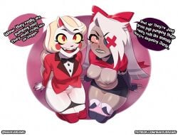 2girls charlie_morningstar_(hazbin_hotel) exposed_pussy female female_only hazbin_hotel makku panties panties_down partially_clothed pussy talking_to_viewer vaggie_(hazbin_hotel)