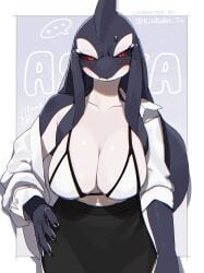 1girls female female_only solo looking_at_viewer hi_res very_high_resolution kame_3 asuka_(kissrabbit_s2) aquatic cetacean dolphin mammal oceanic_dolphin orca toothed_whale 2026 digital_drawing_(artwork) digital_media_(artwork) anthro biped black_sclera blush bra breasts claws clothed clothed_anthro clothed_female clothing fingers front_view red_eyes shirt simple_background standing teeth topwear underwear