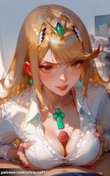 ai_generated arlequin097 mythra mythra_(xenoblade) xenoblade_(series) 1girl long_hair breasts looking_at_viewer blush smile bangs blonde_hair large_breasts shirt 1boy cleavage jewelry collarbone yellow_eyes white_shirt hetero earrings parted_lips penis solo_focus collared_shirt v-shaped_eyebrows uncensored swept_bangs pov erection tiara gem paizuri breasts_squeezed_together headpiece paizuri_under_clothes