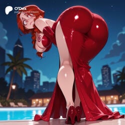 1girl 1girls absurd_res absurdres ai_generated ass ass_focus bare_shoulders bent_over big_ass big_breasts biting_own_lip blurred_background blurry blurry_background blush braid breast_tattoo breasts building cartoon cartoony city cityscape cleavage cloud curvy depth_of_field dress elbow_gloves fairy_tail female female_focus flare_corona from_behind full_body gloves hi_res high_heels high_quality high_resolution highres huge_ass kneepits large_ass large_breasts long_dress long_hair looking_at_viewer looking_back makeup night night_sky odexai outdoors palm_tree parted_bangs pool red-haired_female red_dress red_eyes red_footwear red_gloves red_hair red_tattoo shiny_clothes shiny_skin side_slit single_braid sky skyscraper small_waist solo solo_focus standing star_(sky) starry_sky straight strapless strapless_dress tattoo thick_thighs thighs thin_waist tight_clothes tight_dress tree water wavy_mouth wide_hips window