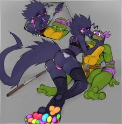 1boy 1girl 1girls 2_toes ahoge anthro artist_request bared_teeth bo_staff bodily_fluids body_mouth bottomwear breasts butt claws clothed clothed/nude clothing comic comic_panel confusion crop_top dinosaur dizzy dizzy_eyes donatello_(tmnt) dromaeosaurid drooling duo elbow_pads eyeshadow feet female finger_in_mouth fishnet_clothing fishnet_legwear forked_tongue french_kissing grabbing_face hair hi_res hotpants hybrid kerchief kissing knee_pads kneeling legwear licking licking_lips long_tail long_tongue makeup male male/female mascara mask mouth_play multicolored_pawpads multicolored_teeth multiple_panel nude open_mouth oral_fixation panel_overlap panties panties_bulge pawpads paws prehistoric_species pulling_mouth purple_tongue questionable_consent rear_view reptile saliva saurischian scalie seductive sharp_teeth shirt shorts sickle_claw sitting skitchy_(sk1tchy) smile smirk spiral spiral_eyes spread_legs spreading staff stinkyredhoodie tail teenage_mutant_ninja_turtles teenage_mutant_ninja_turtles_(1987) teeth teeth_showing theropod thumb_in_mouth toe_claws toes tongue tongue_on_tongue tongue_out topwear turtle underwear velociraptor wearing_mask