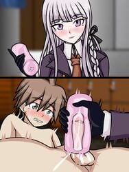 1boy 1girls black_gloves blackmail clothed_female_nude_male color comic crying cum cum_in_fleshlight danganronpa eyebrows_visible_through_hair femdom fleshlight gloved_handjob gloves handjob handjob_w/sex_toy humiliation instant_loss_2koma kirigiri_kyouko light-skinned_female light-skinned_male light_skin malesub naegi_makoto onahole only_one_naked penis small_penis small_penis_adoration small_penis_humiliation smooth_skin testicles zreploids