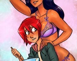 2girls arm_raised big_breasts biting_lip blue_hair blush bra breasts_on_head concerned dark_hair disney embarrassed face_out_of_frame faceless_female hand_on_shoulder human jetix jpeg large_breasts lavender_bra lavender_lingerie lavender_panties long_dark_hair long_hair looking_at_breasts mature_female milf mother_and_daughter older_woman_and_younger_girl out_of_frame pink_bra pink_lingerie pink_panties psudonym red_hair short_hair short_red_hair side_tie_panties surprised_expression susan_vandom tan tanned_female teeth w.i.t.c.h. will_vandom yuri