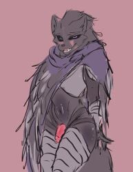 absurd_res anthro armor black_body black_fur black_sclera blaidd_(elden_ring) canid canine canis cape clothed clothing digital_media_(artwork) elden_ring femboy fromsoftware fur genitals hair hi_res ineffective_clothing looking_at_viewer male mammal penis purple_eyes simple_background smile solo tail thewolvenmisfit thick_thighs unconvincing_armor wide_hips wolf