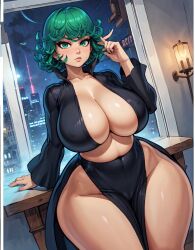 1girls ai_generated big_breasts big_thighs cleavage curvaceous curvy_female desk dress dress_slit exposed_thighs female female_only green_eyes green_hair huge_breasts indoors light-skinned_female light_skin looking_at_viewer mature_female night nighttime one-punch_man plump plumpart short_hair tatsumaki thick thick_thighs venus_body voluptuous voluptuous_female wide_hips