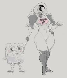 1boy 1girls ass big_breasts breasts crossover eastern_and_western_character female hourglass_figure male mybigbaws nier nier:_automata nier_(series) spongebob_squarepants spongebob_squarepants_(character) straight thick_thighs weird_crossover wide_hips yorha_2b