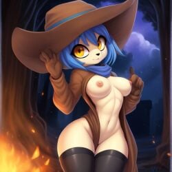 ai_generated blue_hair blue_scarf cloud fire frosting.ai hand_gesture niko_(oneshot) nipples oneshot scarf smile thick_thighs thighhighs yellow_eyes