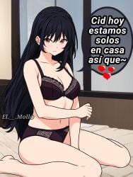 1girls black_hair black_underwear cid_kagenou claire_kagenou el._.mollo hearts kage_no_jitsuryokusha_ni_naritakute! red_eyes smiling spanish_text the_eminence_in_shadow underwear