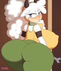 1girls anthro ass big_butt blue_eyes breasts cowbell female female_only furry furry_only huge_ass huge_breasts idw_publishing lanolin_the_sheep looking_back mobian_(species) puffy_hair sheep sheep_ears sheep_girl sheep_horns white_fur white_hair zaviel