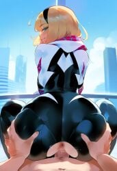 1boy 1girls ai_generated ass ass_focus ass_grab clothing_cutout cowgirl_position deep_penetration doggy_style female gwen_stacy light-skinned_female light-skinned_male looking_pleasured male male_pov marvel marvel_comics penis pov smile spider-gwen straight thiccwithaq_(ai_style) tittyg-ai vaginal_penetration