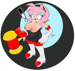 amy_rose amy_the_bat bodysuit breasts breasts_out clothing curvy_female high_heels large_breasts long_gloves neckline rouge_the_bat_(cosplay) somewhatsketchy sonic_(series) spandex_suit wardrobe_malfunction