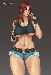 1girls abs absurdres belt black_gloves black_lagoon breasts brown_eyes cigarette crop_top cutoffs denim denim_shorts female female_only fingerless_gloves gloves gun highres holster lighter long_hair looking_at_viewer navel nipples open_clothes open_fly open_shorts red_hair revy short short_shorts shoulder_holster shoulder_tattoo sidelocks smoking solo tank_top tattoo tessreidex underboob weapon