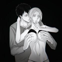 1boy 1girls annie_leonhardt attack_on_titan bertolt_hoover black_background blush blushing_female breast_grab clothed_male female from_behind grabbing_breasts kuobi_meon male mostly_nude_female shingeki_no_kyojin