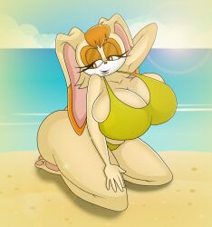 alternate_ass_size alternate_body_type alternate_breast_size anthro ass_bigger_than_head beach big_breasts bikini breasts bunny bunny_ears bunny_girl eyelashes fur huge_ass huge_breasts lagomorph leporid rabbit sonic_(series) sonic_the_hedgehog_(series) thick thick_thighs vanilla_the_rabbit vanilladream34 wide_hips yellow_bikini