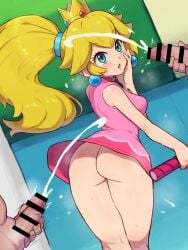 2boys aqua_eyes ass bar_censor blonde_hair censored chiwino commission crown cum dress earrings ejaculation female from_behind highres jewelry male_masturbation mario_(series) mario_tennis masturbation multiple_boys no_panties parted_lips penis pink_dress pixiv_commission ponytail princess_peach racket short_dress sphere_earrings tennis_racket