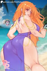 1boy 1girls artpink_poday ass ass_focus breasts brown_eyes cameltoe dress female large_breasts looking_at_viewer looking_back male monkey_d_luffy nami one_piece orange_hair post-timeskip purple_dress solo_focus thick_thighs thighs